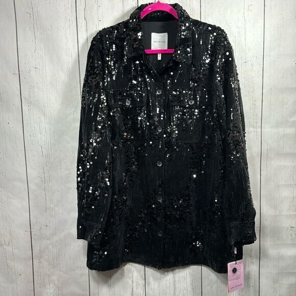 Avec Les Filles Black Sequin Button Up Jacket Shacket 3X Holiday Glam Night Out - Picture 1 of 14